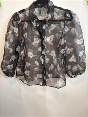 Modcloth Black Sheer Floral Puff-Sleeve Button Blouse